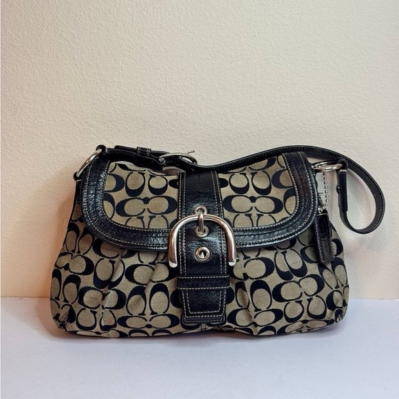 Coach SoHo Signature Monogram Pleated Shoulder Bag Black Patent Leather Trim - Picture 1 of 13